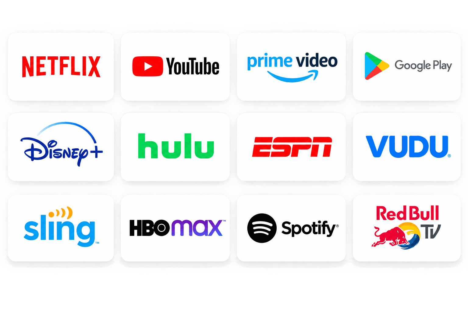 Available apps: Netflix, YouTube, Prime Video, Google Play, Disney+, Hulu, ESPN, VUDU, Sling, HBO Max, Spotify, Red Bull TV