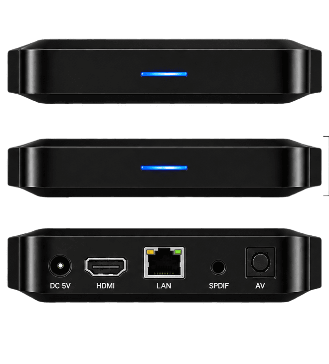 OSM X1 seen from the top, the side, and the rear showing the DC power, HDMI, LAN, SPDIF and AV ports