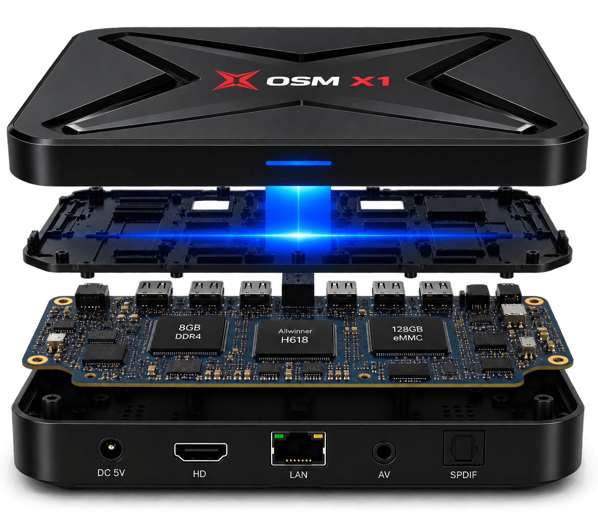 Exploded view of the OSM X1: top cover, internal frame, PCB with the Allwinner H618 processor, and bottom shell
