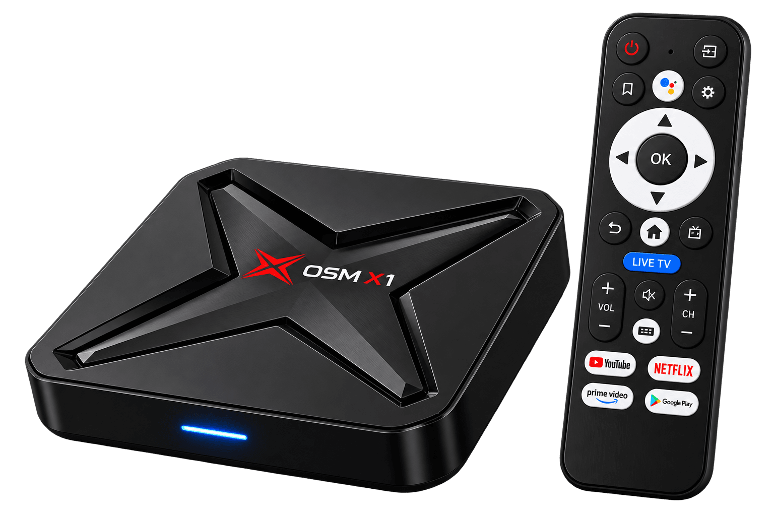 OSM X1 Android TV box shown with its voice remote