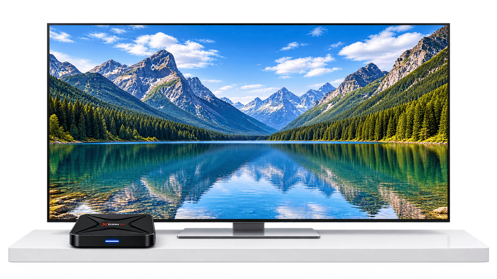 A 4K television on a white console displaying a mountain lake, with the OSM X1 beside it