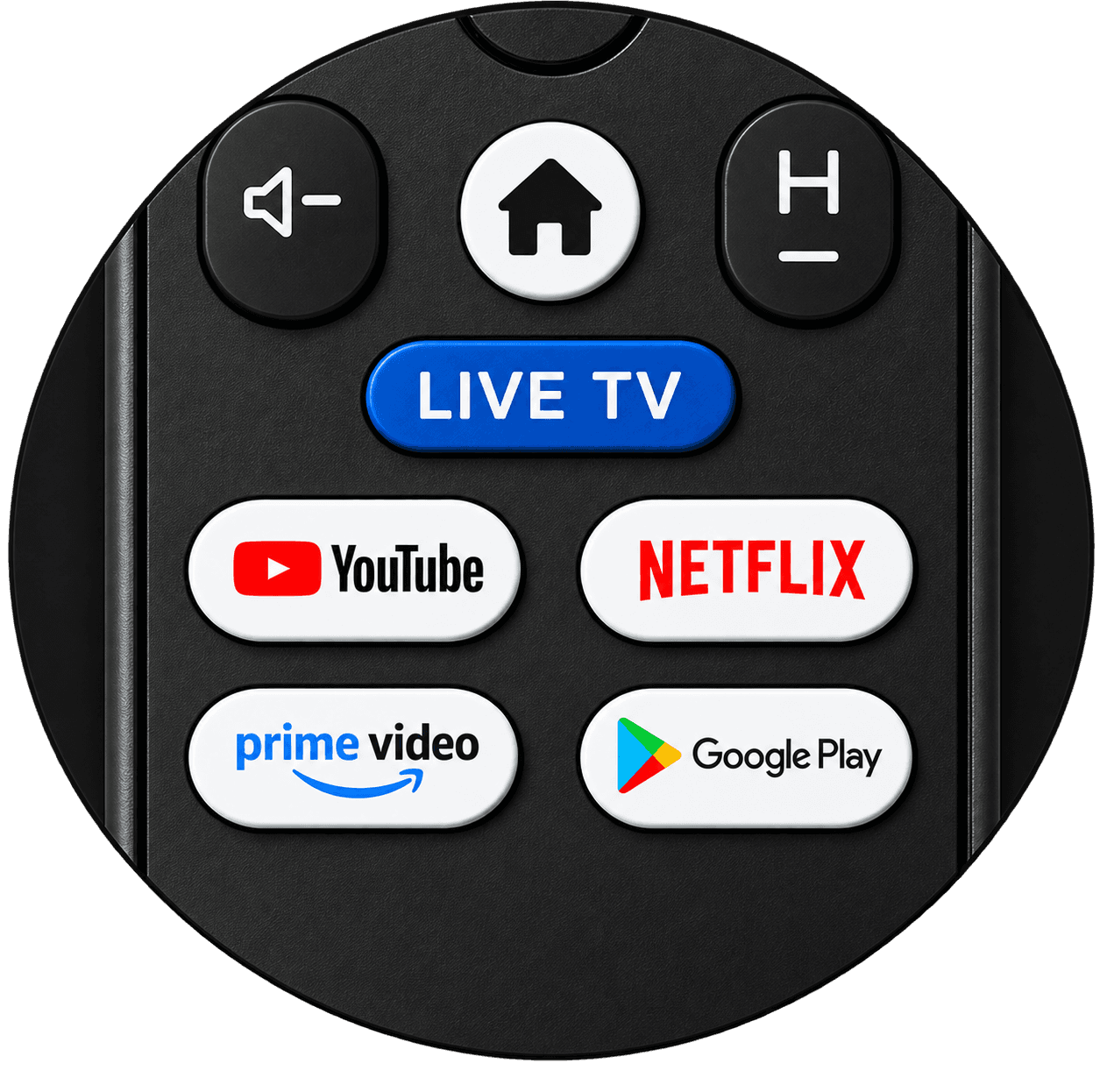 Close-up of the Live TV button and the YouTube, Netflix, Prime Video and Google Play shortcut keys
