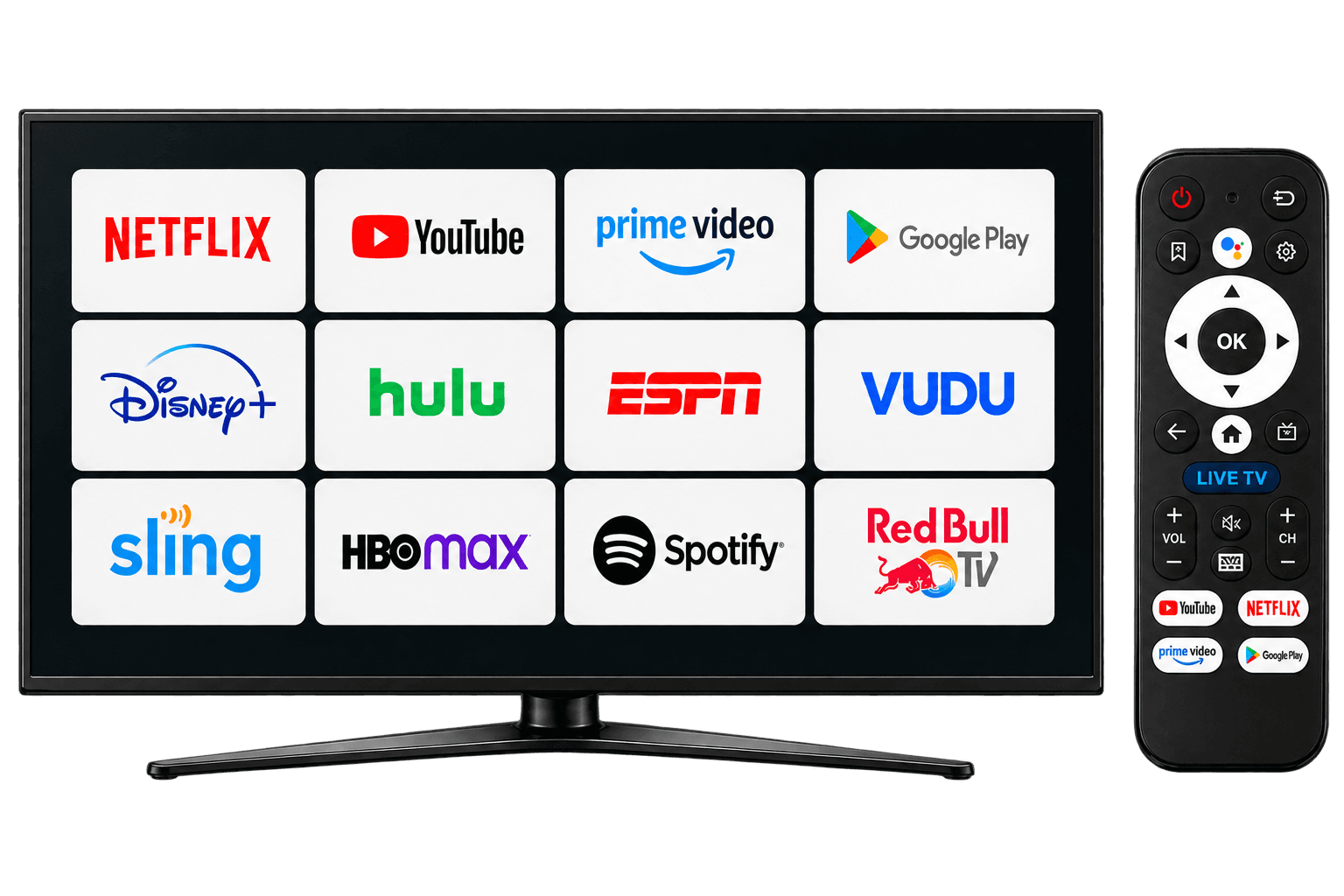 Television showing the OSM X1 app grid — Netflix, YouTube, Prime Video, Google Play, Disney+, Hulu, ESPN, VUDU, Sling, HBO Max, Spotify and Red Bull TV — beside the voice remote